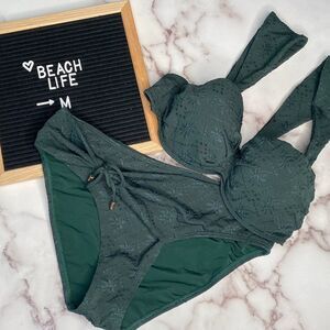 BEACH LIFE Green Embroidery Bandeau Bikini Top and Bottoms | Size: 36